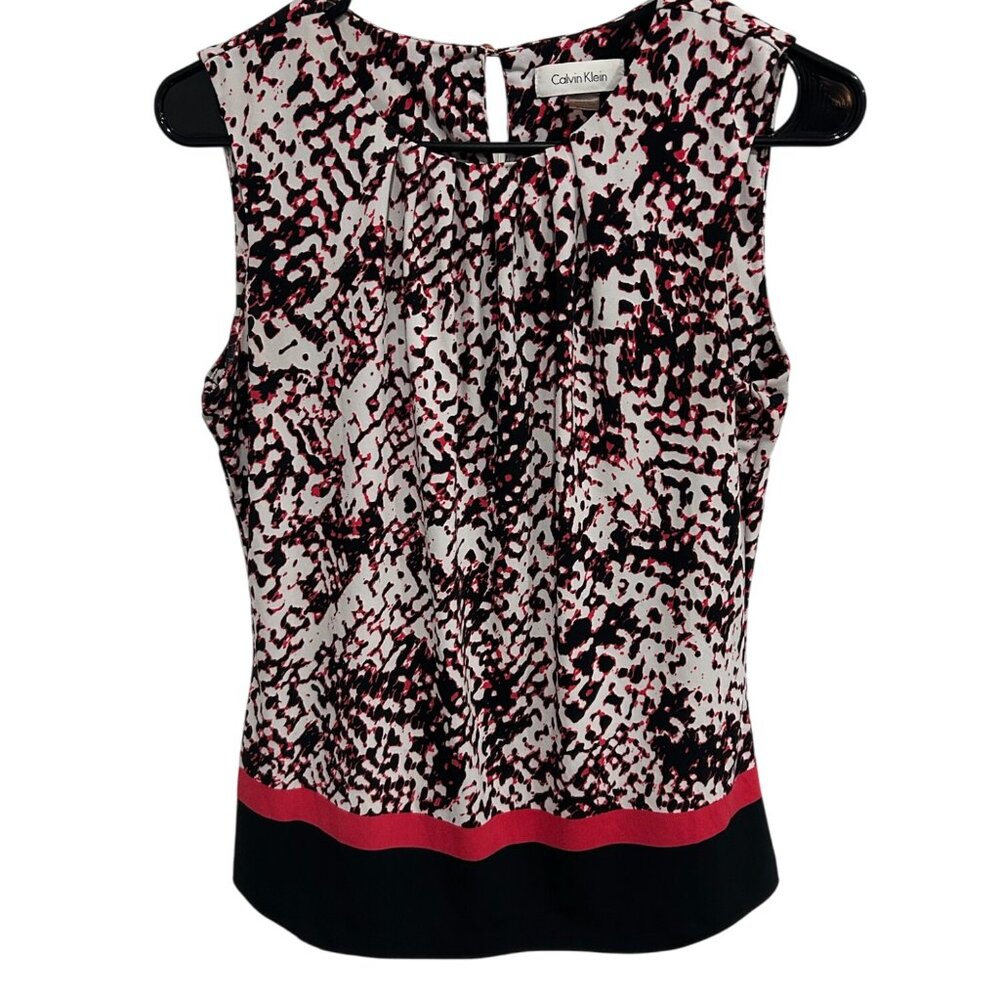 Calvin Klein Abstract Print Keyhole Pleated Sleeveless Blouse Size Small Modern